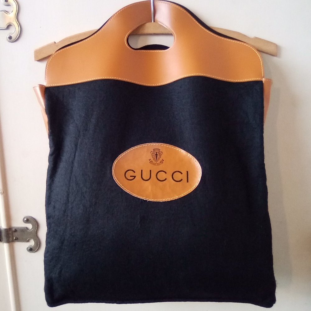 Vintage GUCCI Black Felt and Faux Leather Tote Handbag Shopping Bag Rare